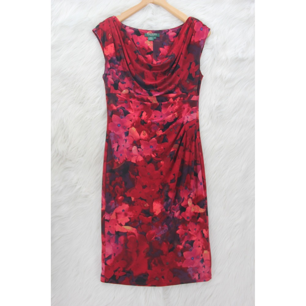 Lauren Ralph Lauren Cowl Neck Floral Sheath Dress Burgundy Purple Size 8 Ruched